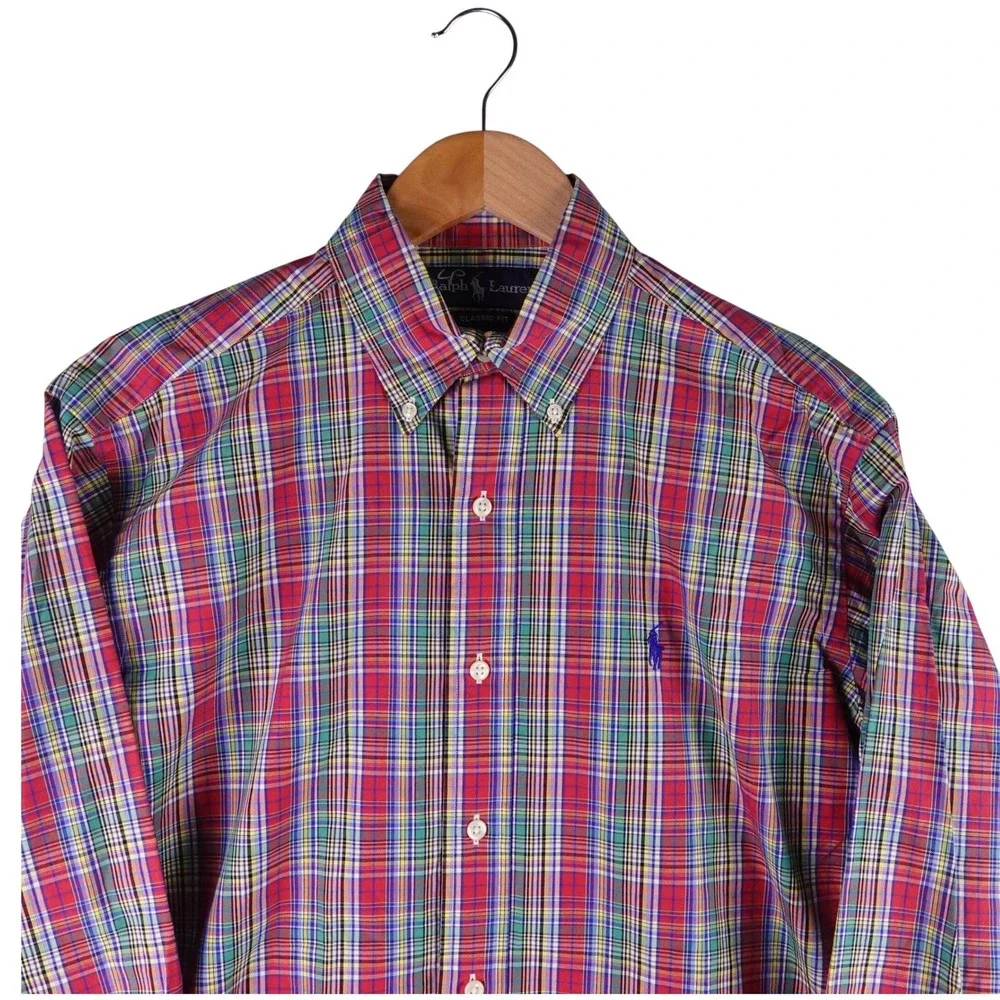 Polo Ralph Lauren Mens Classic Fit Plaid Button Down Shirt Red Green Blue S 14.5